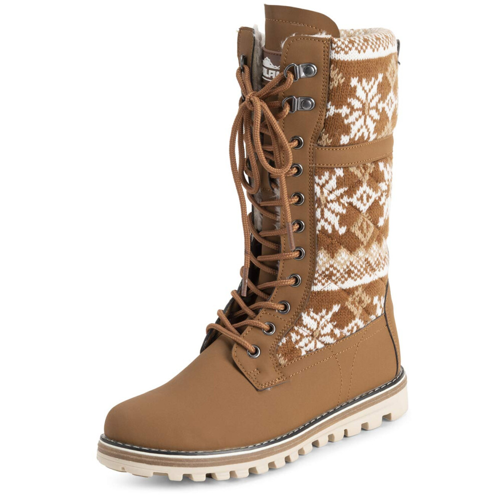 POLAR Womens Faux Fur Warm Thermal Waterproof Outdoor Walking Snow Winter Rubber Sole Calf Boots - Tan Knitted - EU37/US6 - YC0611