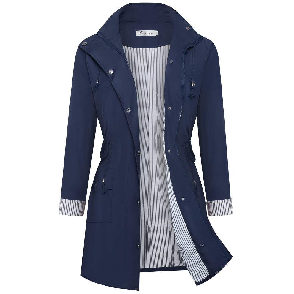 Twinklady Veste de pluie coupe-vent ? rayures pour femme, imperm?able, l?ger, ? capuche, pour l'ext?rieur, bleu marine, taille L