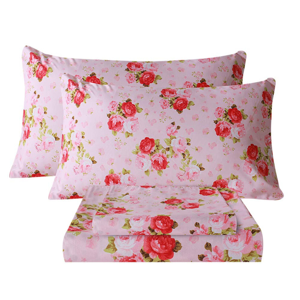Parure de lit double Bedlifes, draps ultra doux, respirants et soyeux, motif floral rose (rose rouge), 100 % microfibre, avec poche profonde.