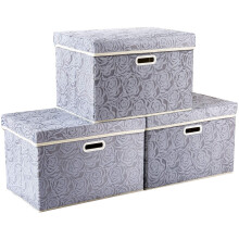PRANDOM Large Storage Boxes with Lids 3-Pack Fabric Decorative Storage Bins Cubes Organizer Containers Baskets with Handles for Closet Grey 17.7x11.8x