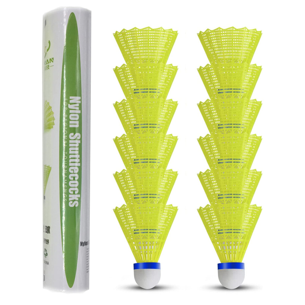 ZHENAN Lot de 12 volants de badminton     plumes en nylon avanc    77 grains - Balles de badminton haute vitesse (nylon jaune) avec une grande stabil