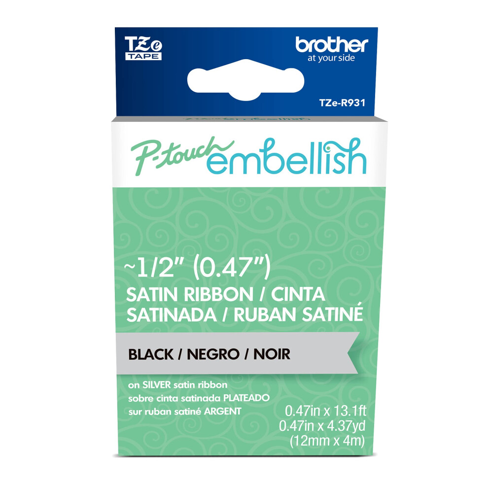 Brother P-Touch Embellish Black Print on Silver Satin Ribbon TZER931 - ~  Wide x ~13.1 Long for use with P-Touch Embellish Ribbon & Tape Printer