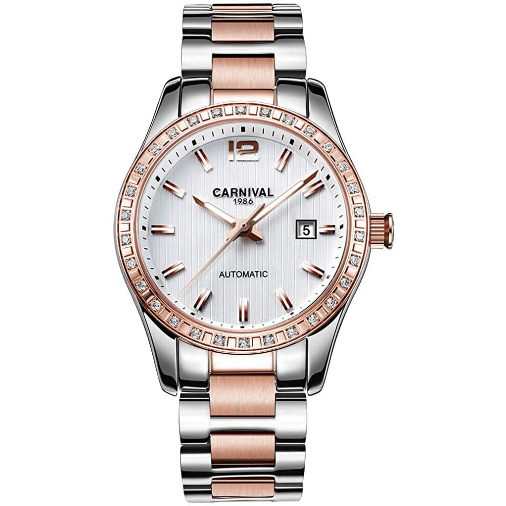 Luxury Women's Diamond Automatic Mcanique Rose Or Rose En Acier Inoxydable Saphir Impermable Lady Blanche De La Dame (Cadran Blanc)-image