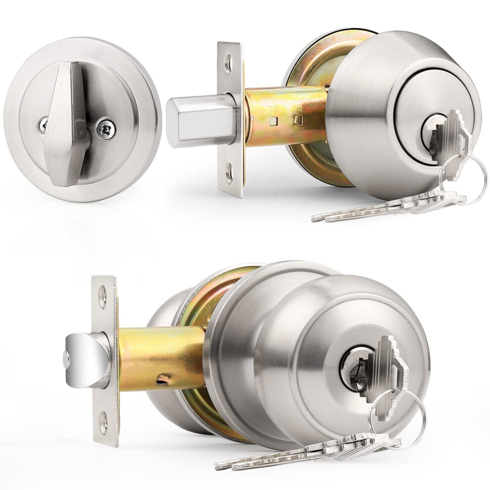 Probrico Keyed Alike Round Ball Entry Door Knob And Single Cylinder Deadbolt Set Satin Nickel 1Pack 6941154041775