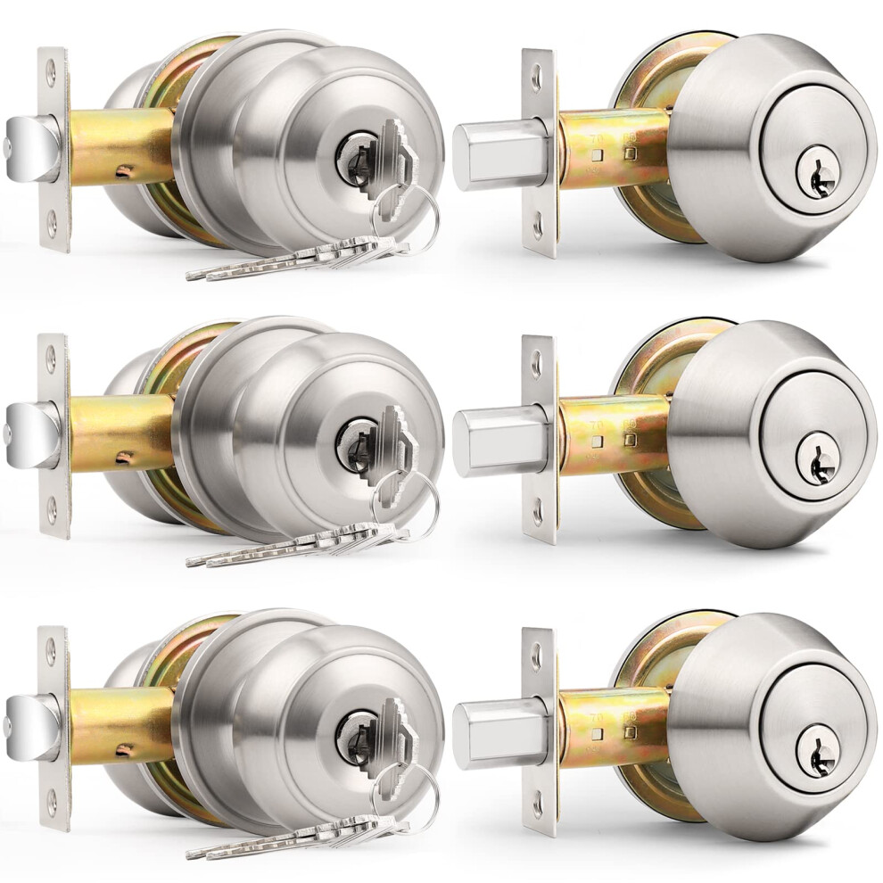 Probrico Entry Door Knob Lock Set And Single Cylinder Deadbolt Combination Set Satin Nickel 3 Pack Keyed Alike 6941154041799