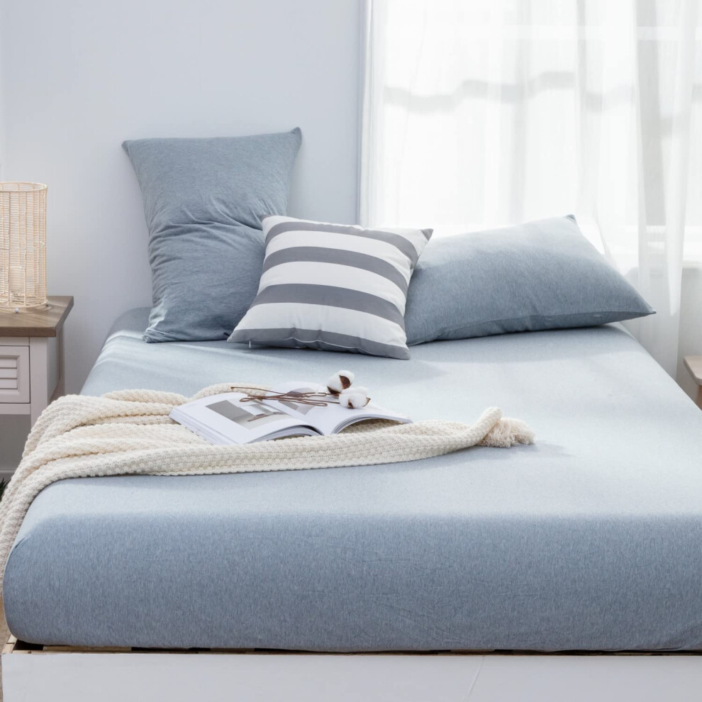 Drap-housse LIFETOWN 100 % jersey de coton, drap-housse extra profond avec 2 taies d'oreiller, infroissable, ultra doux (bleu gris King size)