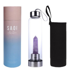 SAOI Kristallvattenflaska - Elixir med roskvarts delsten - Naturlig vlbefinnande - Glas/rostfritt stl
