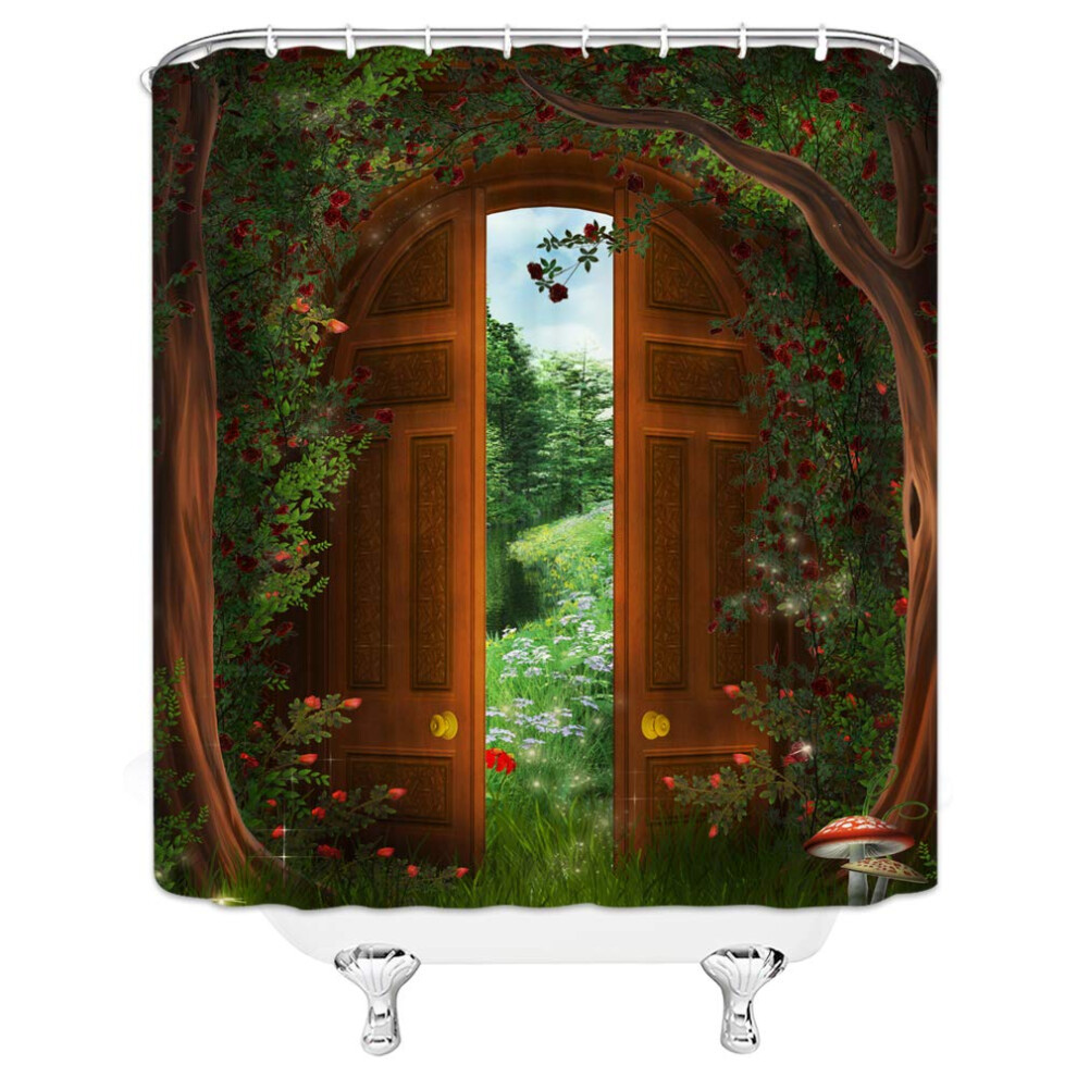 Rideau de douche Jingjiji, motif for   t verte, fantaisie, jardin, porte en bois, cabane dans les arbres, monde des contes de f   es, paysage naturel