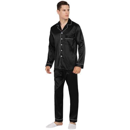 YIMANIE Ανδρικές Σατέν Πιτζάμες Σετ Κλασικό Sleepwear (Large, Μαύρο)