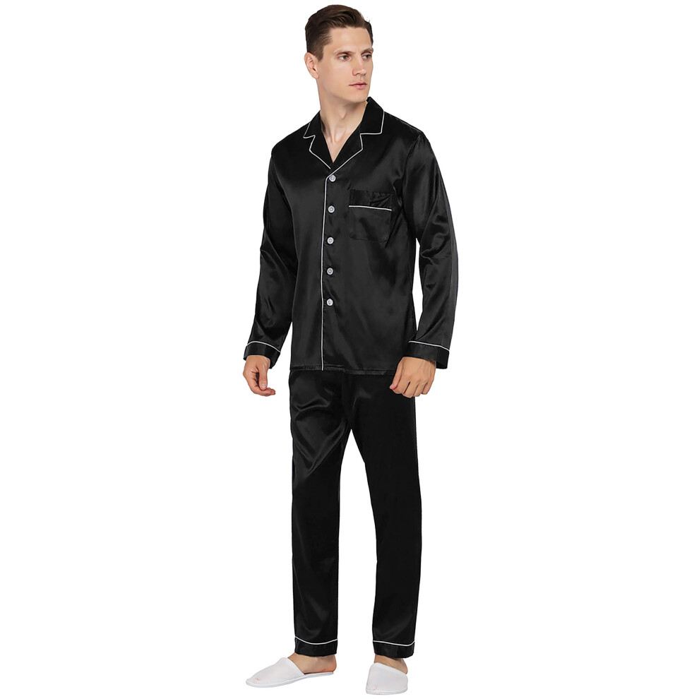 YIMANIE Ensemble de pyjama en satin de soie pour homme, v   tements de nuit classiques (grand noir)