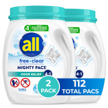All Mighty Pacs Laundry Detergent Free Clear Odor Relief Tub 56 Count Pack of 2 112 Total Loads