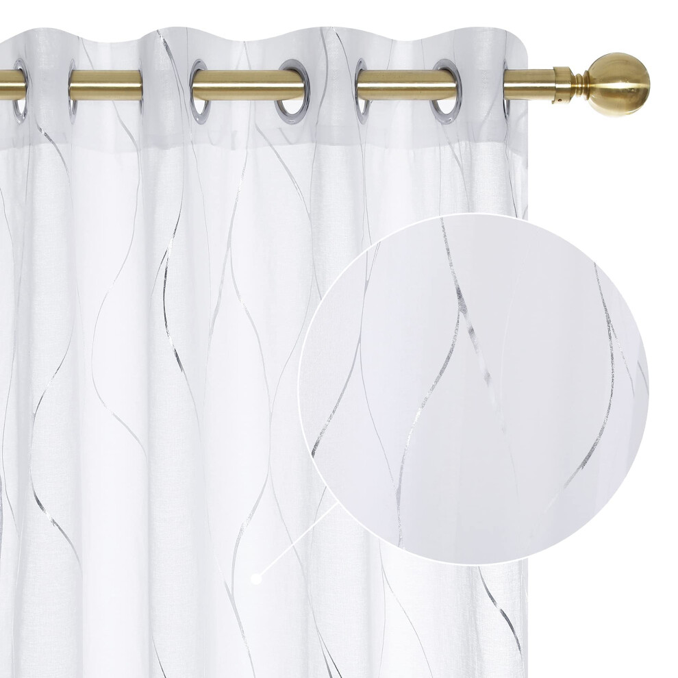 Rideaux transparents blancs Deconovo -    illets, imprim   s feuilles d'argent, motif vagues et voile aspect lin, 132 x 213 cm, 2 panneaux
