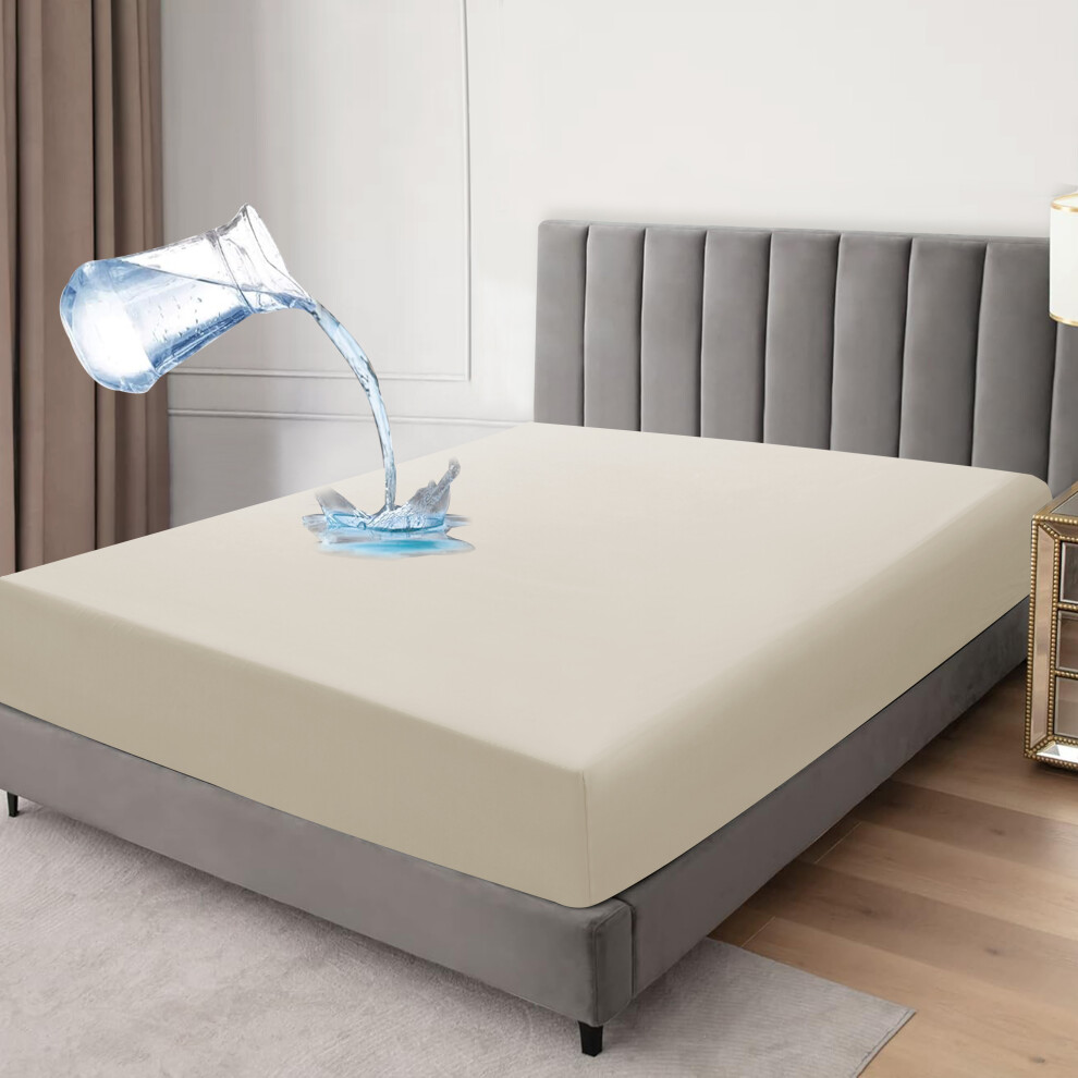 (Beige, Double ) Waterproof Fitted Sheet Extra Deep Skirt 30cm