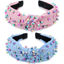 Bond Willbond 2 Pieces Bandons pour femmes Perle Nouted Girls Band Colorful Jeweled Embellifhed Gem Band Faux Pearl Cross Cross Not Twated Turban