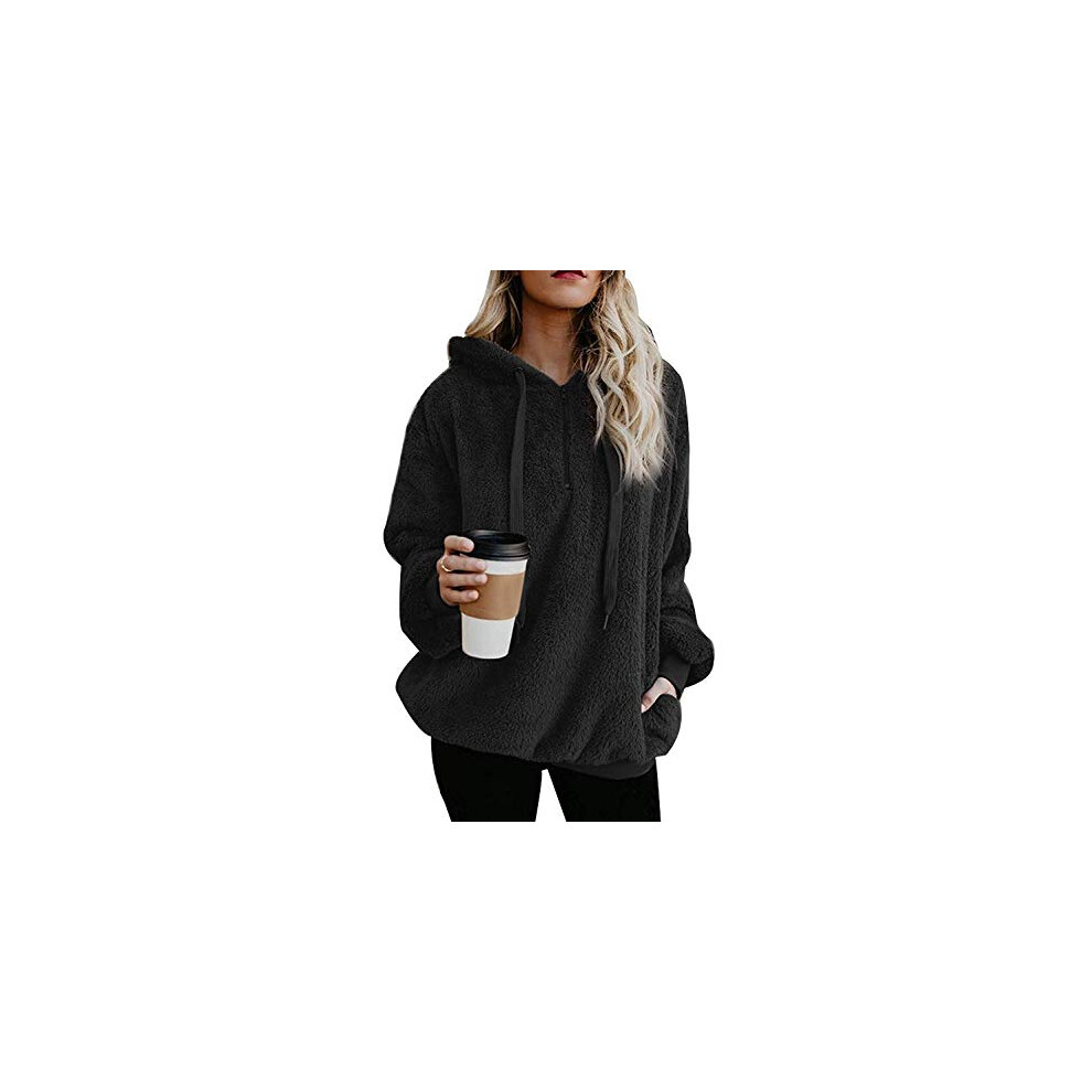 Sweat     capuche oversize en sherpa pour femme, pull polaire duveteux avec poches (noir, taille 2XL)
