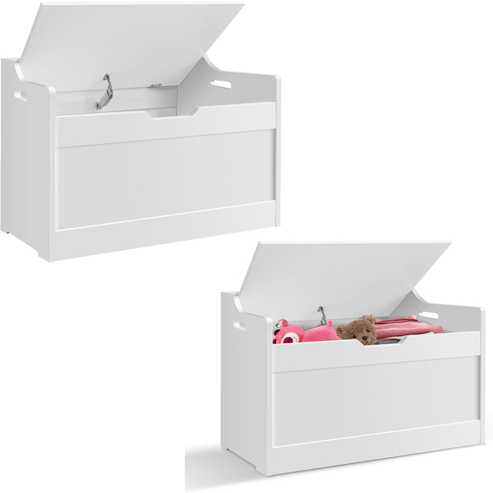 Kids Toy Box Tabletop, Storage Stool with Lid and Safety Hinges, MDF Sturdy and Safe, for Toys and Storage, White Contemporary Style, White