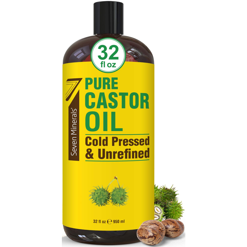 Seven Minerals Pure Cold Pressed Castor Oil - Big 32 Fl Oz Bottle - Unrefined & Hexane Free - 100% Pure Castor Oil For Hair Growth Thicker Eyelashes & Eyebrows Dry