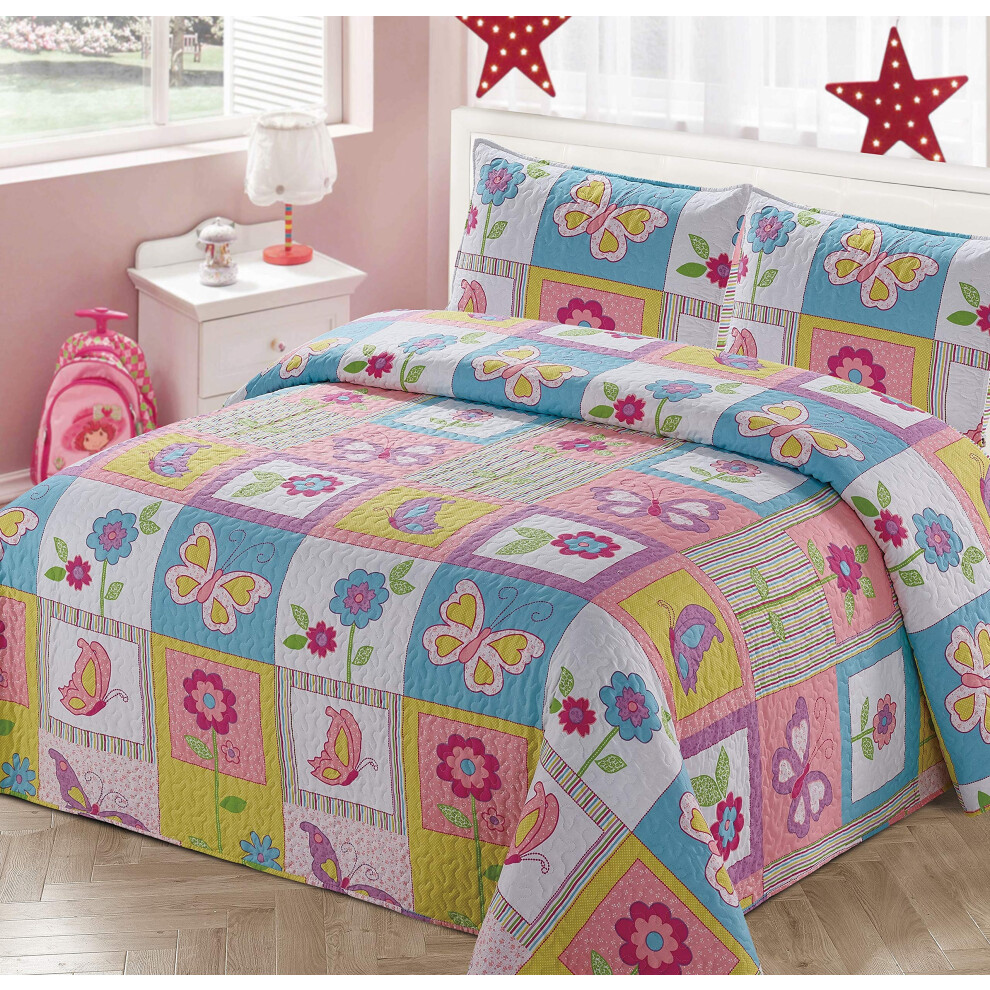 Parure de lit couvre-lit et courtepointe en lin pour filles, motif patchwork de papillons et de fleurs, blanc, violet, bleu, vert et rose (double