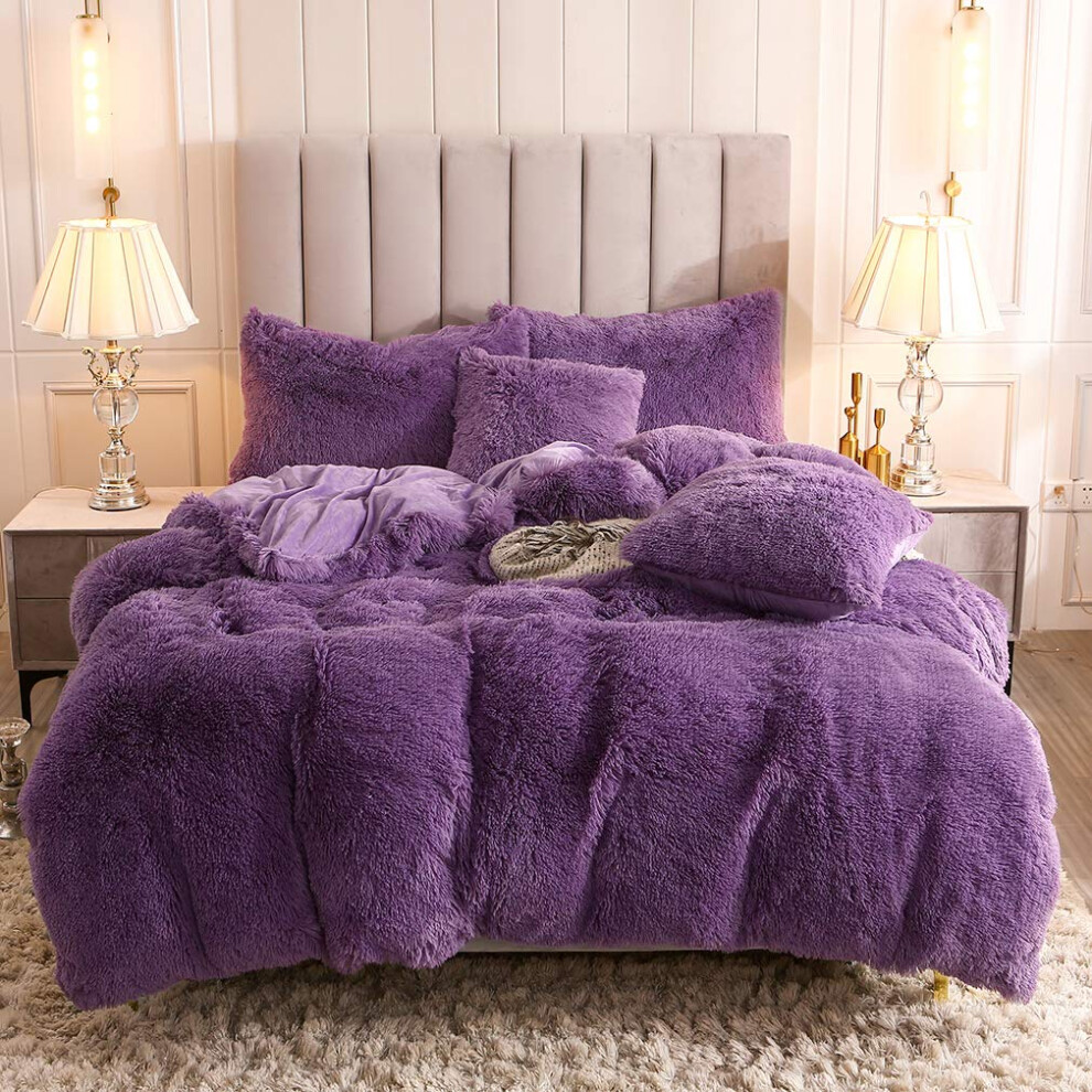 Housse de couette en velours et fausse fourrure Uhamho avec taies d'oreiller, ultra douce, chaude et durable, pour lit double, violet