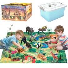 BOLZRA Safari Djur Figurer Lekset med Spelmatta & Träd, Realistiska Plast Djur