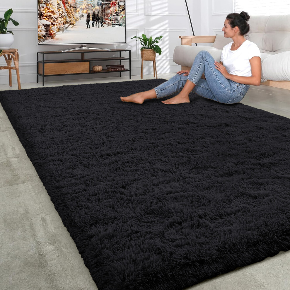 (200cm x 290cm (6ft 8" x 9ft 7")) Black Rugs Fluffy Shaggy Rug Carpet Runner Mat