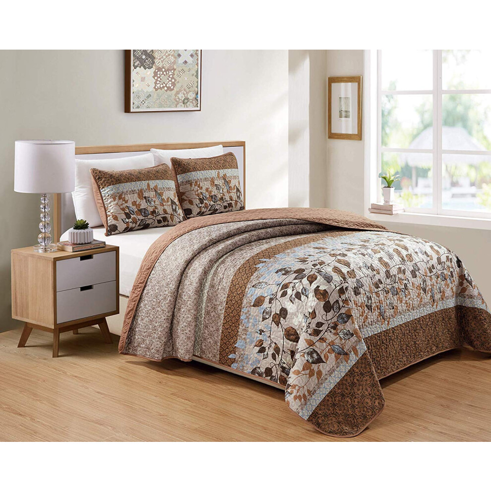 Ensemble de couvre-lit réversible matelassé 3 pièces Luxury Home Collection, taille Queen/Full, imprimé floral, feuilles, taupe, beige, marron, b