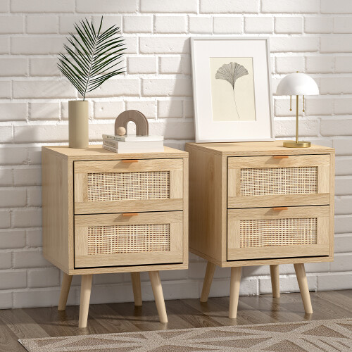 Living And Home 2 Pack Wood and Rattan Side Cabinet Bedside Table NightStand