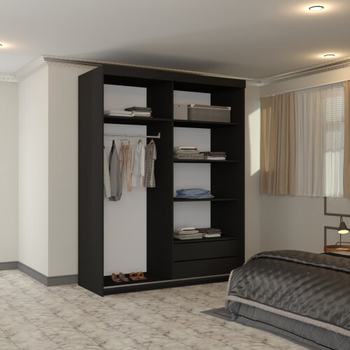 (Black, 150cm) Smart Double Door Sliding Wardrobe 2