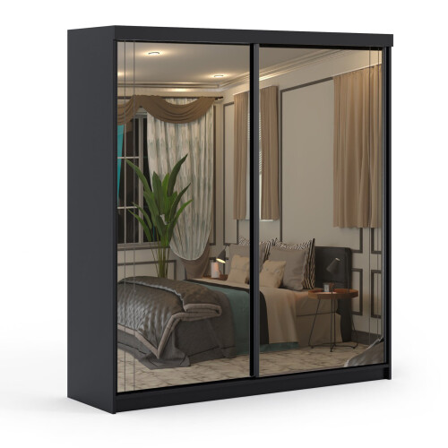(Black, 200cm) Smart Double Door Sliding Wardrobe 1