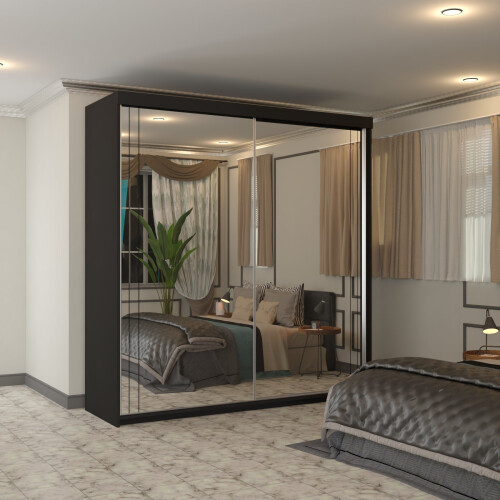 (Black, 200cm) Smart Double Door Sliding Wardrobe