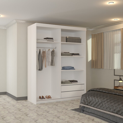 (White, 150cm) Smart Double Door Sliding Wardrobe 2