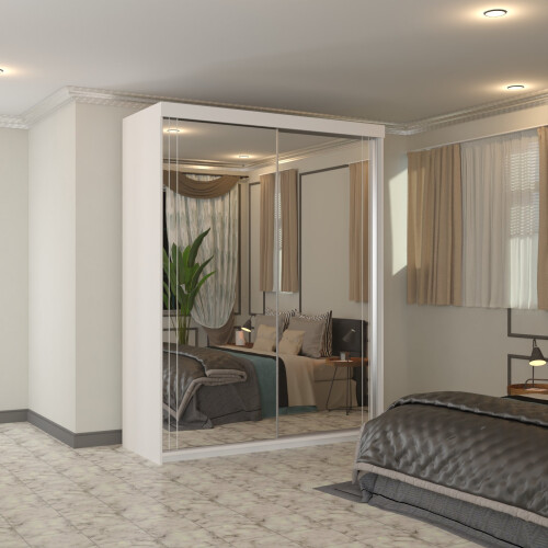 (White, 150cm) Smart Double Door Sliding Wardrobe