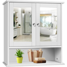 3 Tier Bathroom Storage Cabinet with Mirror and Double Door, Wall Mounted Cabinet Storage Unit for Bathroom, Living Room, Kitchen, 56x13x58cm, White