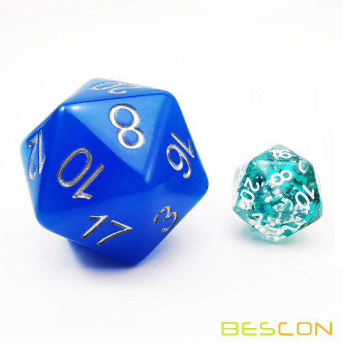 Dados Bescon Jumbo D20 38MM, Grande Dado Azul Brilhante no Escuro, Cubo 1.5 polegadas 1