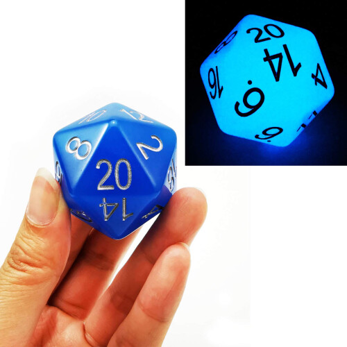 Dados Bescon Jumbo D20 38MM, Grande Dado Azul Brilhante no Escuro, Cubo 1.5 polegadas 2