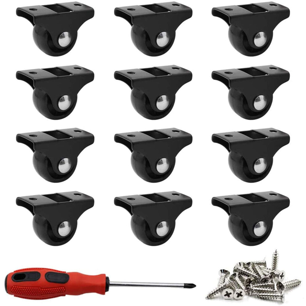 Luomorgo Lot de 12 roulettes pivotantes fixes de 2,5 cm (1 po) avec plaque sup   rieure en m   tal et roulettes en plastique dur pour meubles Noir