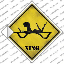Smart Blonde CX-190s-S Lady on Laptop in Pool Lounge Xing Novelty Diamond Sticker Decal - Small
