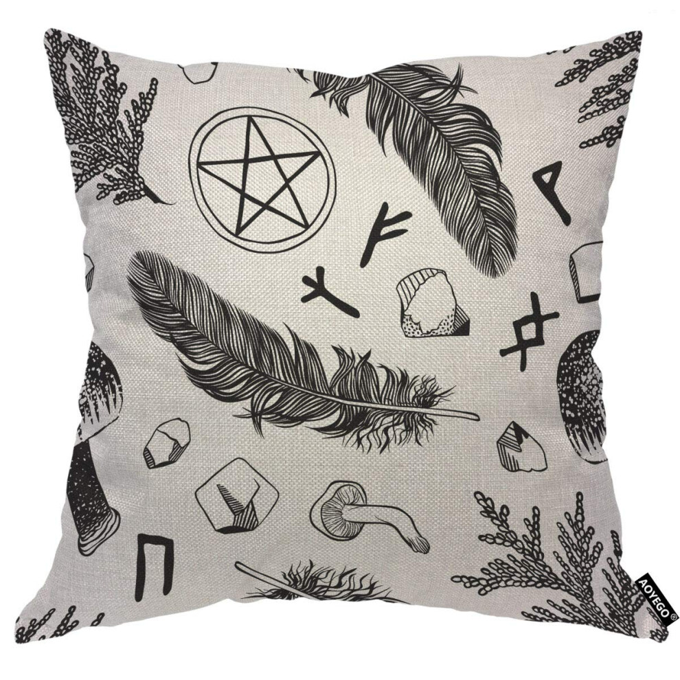 Housse de coussin d   corative AOYEGO noire style boh   me, motif pentagramme, plumes, champignons, plantes, pierre, mystique, 45,7 x 45,7 cm, pour c