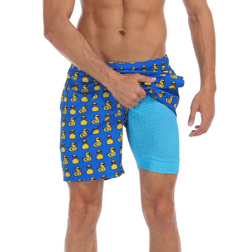 LRD Men's Swim Trunks with Compression Liner 7 Inch Inseam Quick Dry Swim Shorts Gangsta Ducks/Pool - XXL