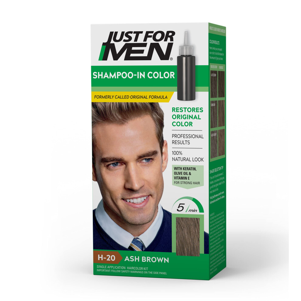 Just For Men Shampoo-In Color (Formerly Original Formula)  Mens Hair Color with Keratin and Vitamin E for Stronger Hair - Ash Brown  H-20  Pack of 1