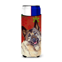 Caroline's Treasures LH9353MUK Norwegian Elkhound Red and Green Snowflakes Holiday Christmas Ultra Hugger for Slim Cans Can Cooler Sleeve Hugger
