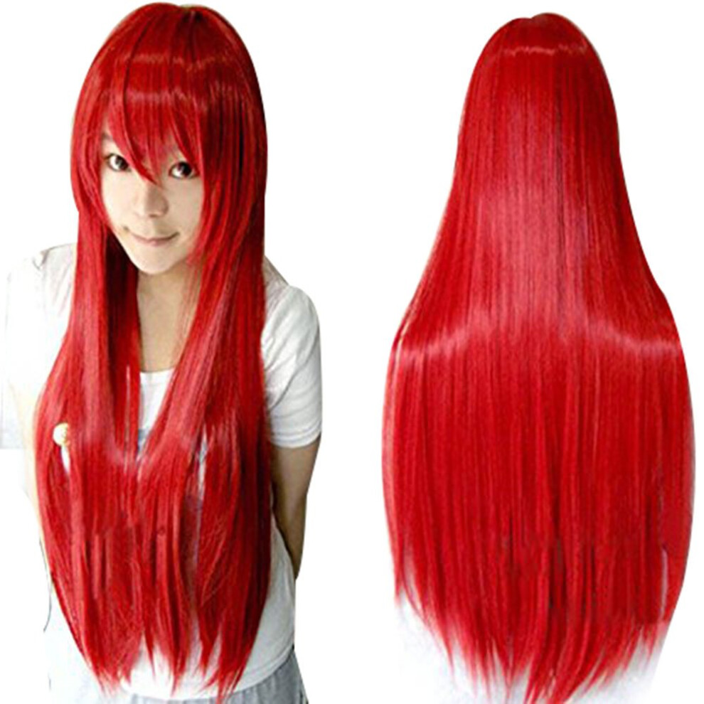 Anogol Hair Cap+32Inch/80Cm Red Wigs For Women Halloween Costumes Peluca Roja Larga Straight Wig Colored Wigs For Anime Cosplay Party Long Red Wig