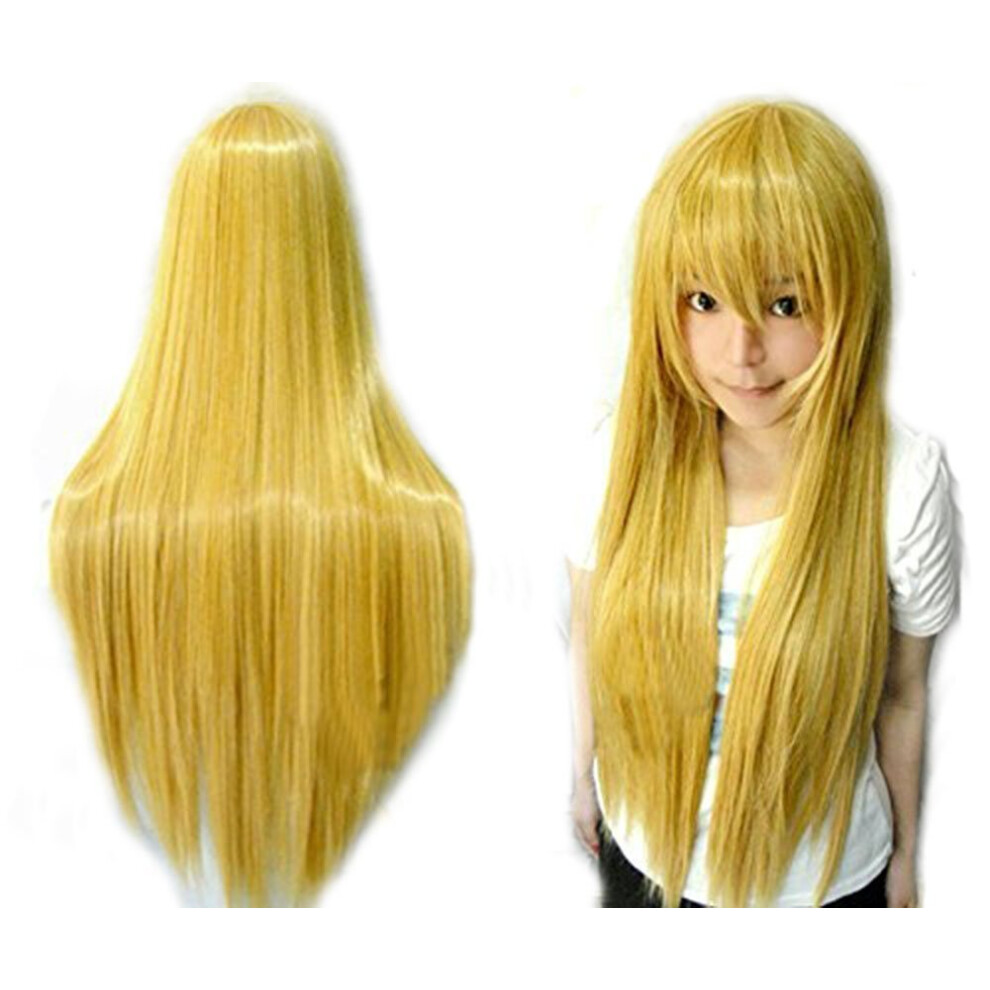 Anogol Hair Cap+32Inch/80Cm Yellow Wig For Women Anime Cosplay Peluca Amarilla Larga Wigs Long Yellow Wig For Halloween Party Synthetic Wig Yellow Wig