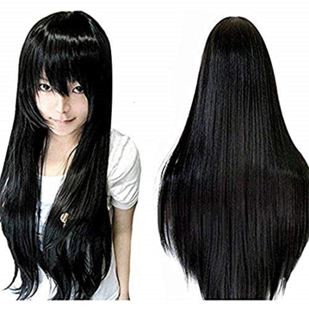 Anogol Hair Cap+32Inch/80Cm Black Wig Long Straight Wig Cosplay Wig Synthetic Wig Long Black Wig With Bangs Peluca Negra Cosplay Wig For Halloween Wig