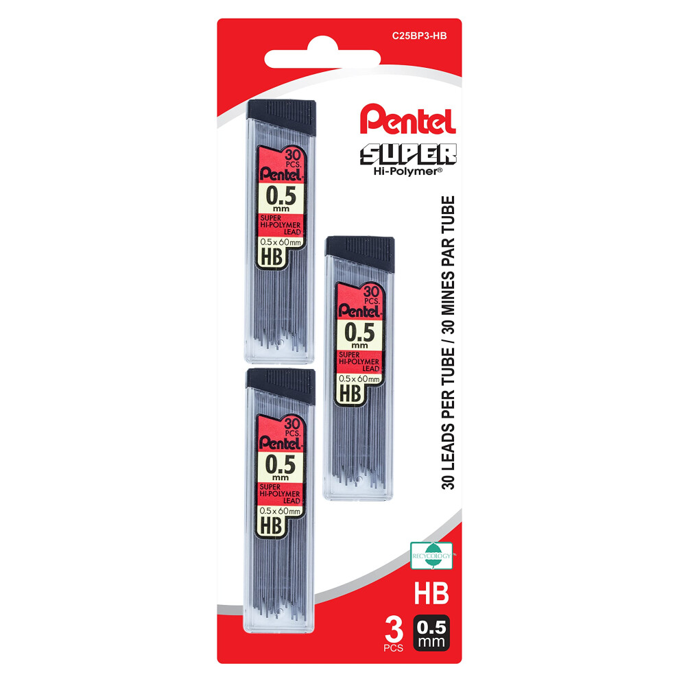 Pentel Super Hi-Polymer Lead Refills w/ Eraser  0.5mm  #2 HB  3 Tubes of 30 Lead