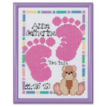 Kit de ponto cruz contado com pegadas de beb Janlynn rosa roxo branco