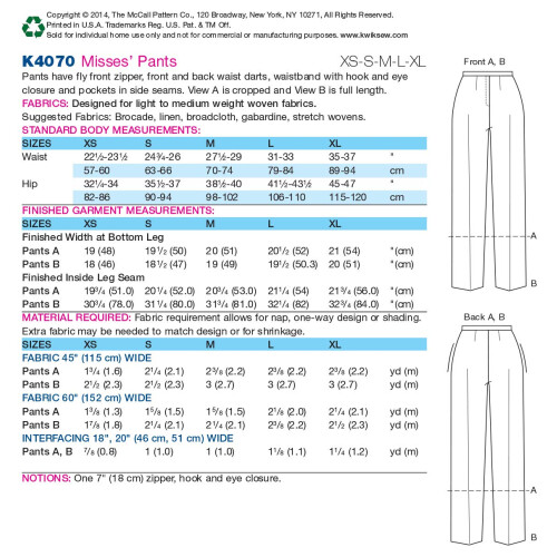 KWIK-SEW PATTERNS K4070 Kalhoty slecny 1