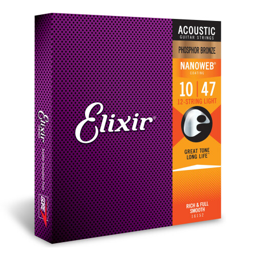 Elixir Strings  Acoustic Guitar Strings  Phosphor Bronze with NANOWEB Coating  Longest-Lasting Rich and Full Tone with Comfortable Feel  12 String Set
