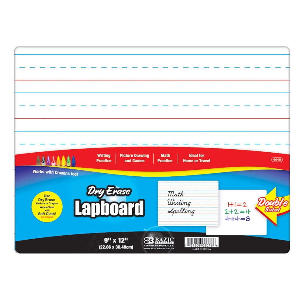 BAZIC Dry Erase Lap Board 9""""x12""""  Double Sided Primary Ruled & Blank  Small Portable Whiteboards for Teacher Home  1-Pack