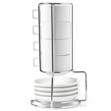 Huji stapelbare porseleinen 3,2 OZ espresso Turkse koffiekopjes en schotelset met chroomrek (9-delige set) (1)